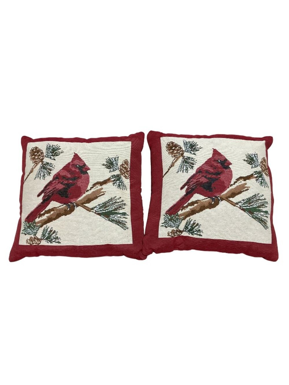 Pair Of Red Cardinal Decorative Throw Pillows With Pinecone Design Tapestry 16"